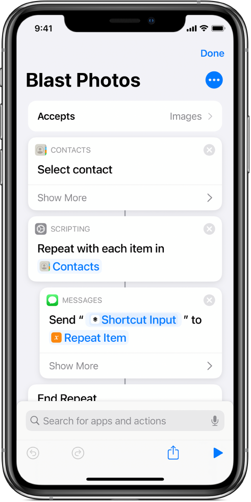 Example shortcut showing “Repeat” actions.