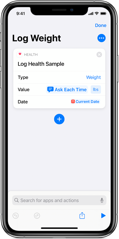 Ask Each Time variable token in the Date field of the Log Health Sample action.