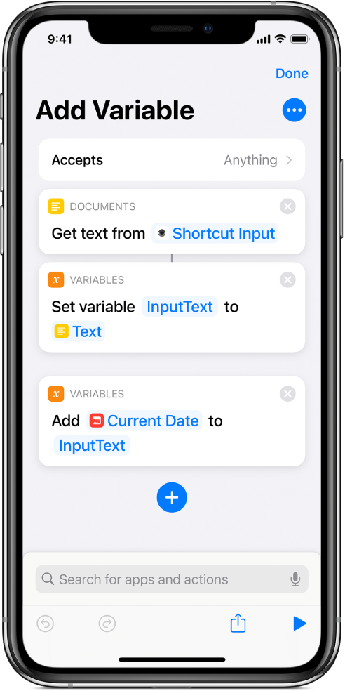 Set Variable and Add to Variable actions in shortcut editor.