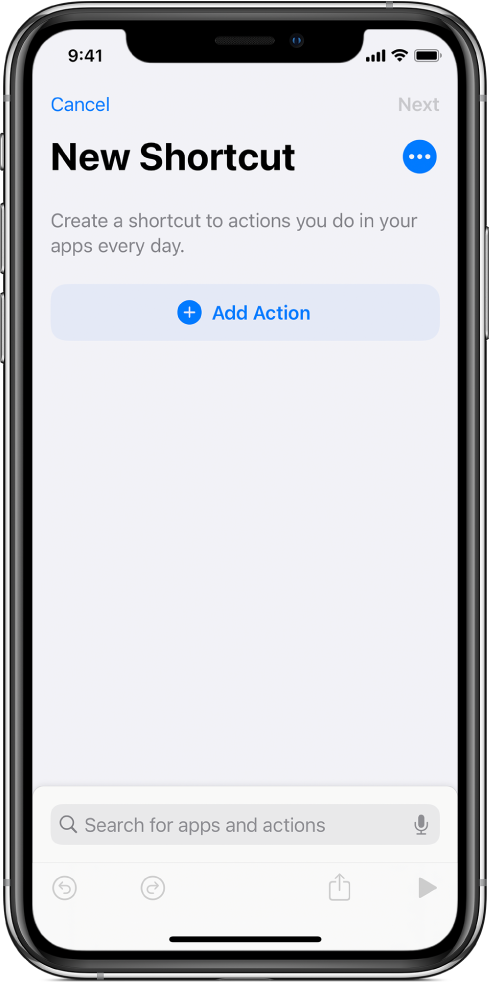 Empty shortcut editor on an iPhone.