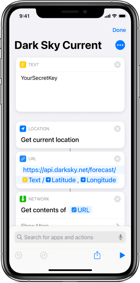 A Get Current Location action added between the Text action and the URL action in the Dark Sky API request shortcut.