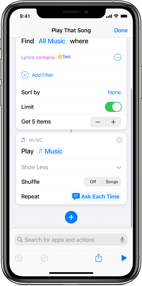 Ask Each Time variable replacing the Repeat parameters in the Play Music action in the shortcut editor.