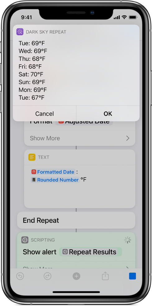 Resulting alert showing the average temperatures for the week, in shortcut editor.