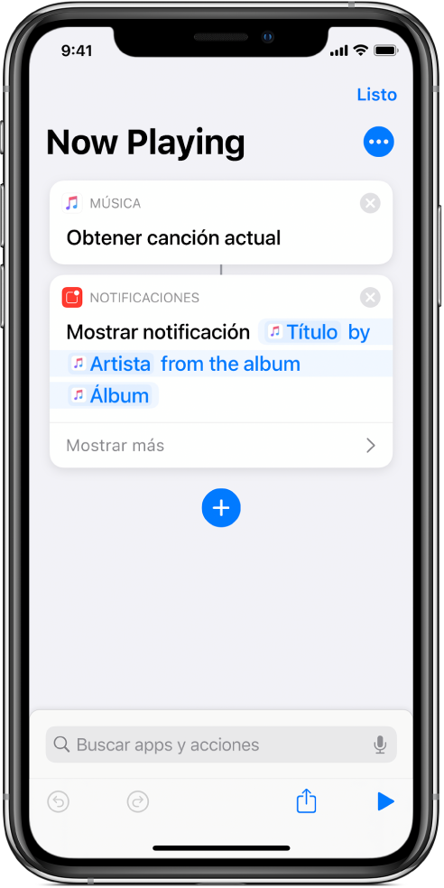 La acción "Mostrar notificación" en el editor de atajos y la alerta “Ahora suena de Música”, invocada por la acción "Mostrar notificación"