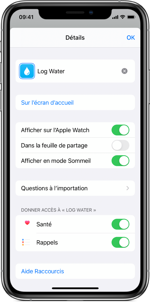 Écran Détails dans l’app Raccourcis montrant l’option Sur l’écran d’accueil.