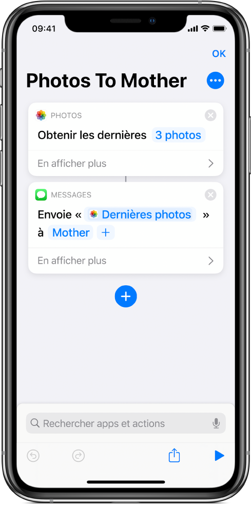 Un raccourci contenant l’action « Obtenir les dernières photos » et l’action « Envoyer le message ».