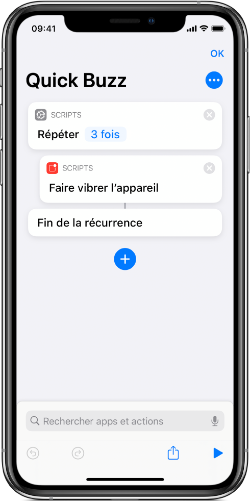 Action Faire vibrer l’appareil configurée sur Répéter trois fois.