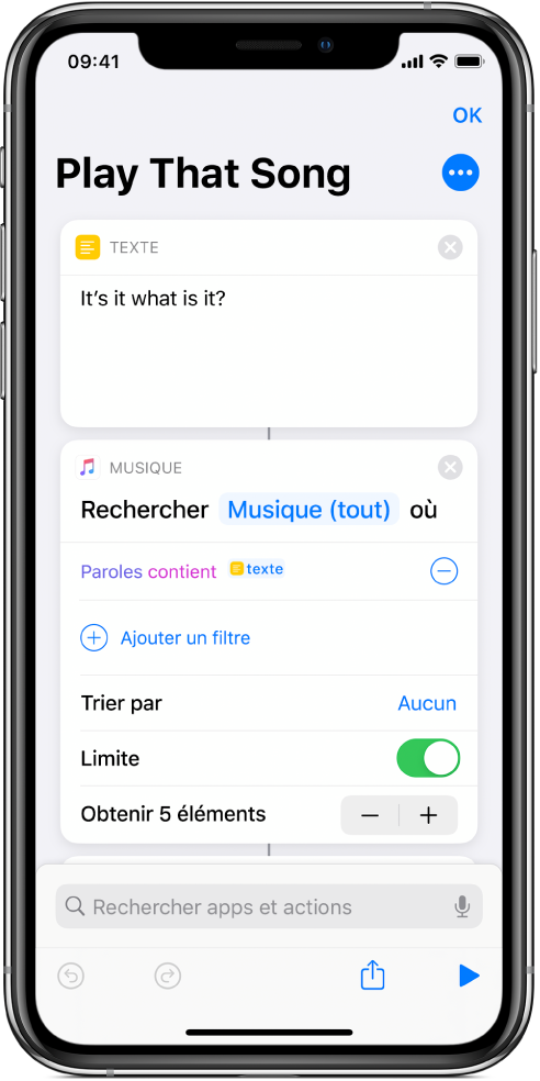 Raccourci avec une action « Lire la musique ».