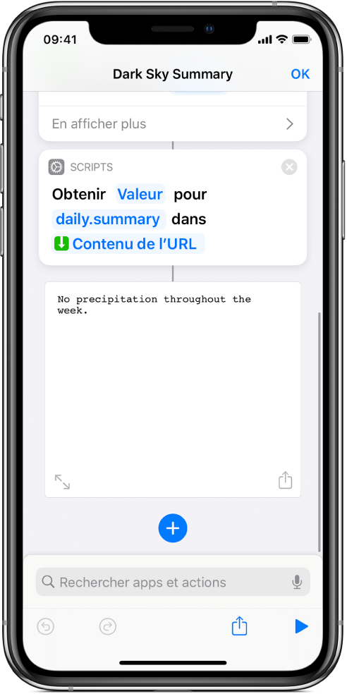 Action Obtenir la valeur du dictionnaire dans l’éditeur de raccourci avec la clé définie sur « summary ».