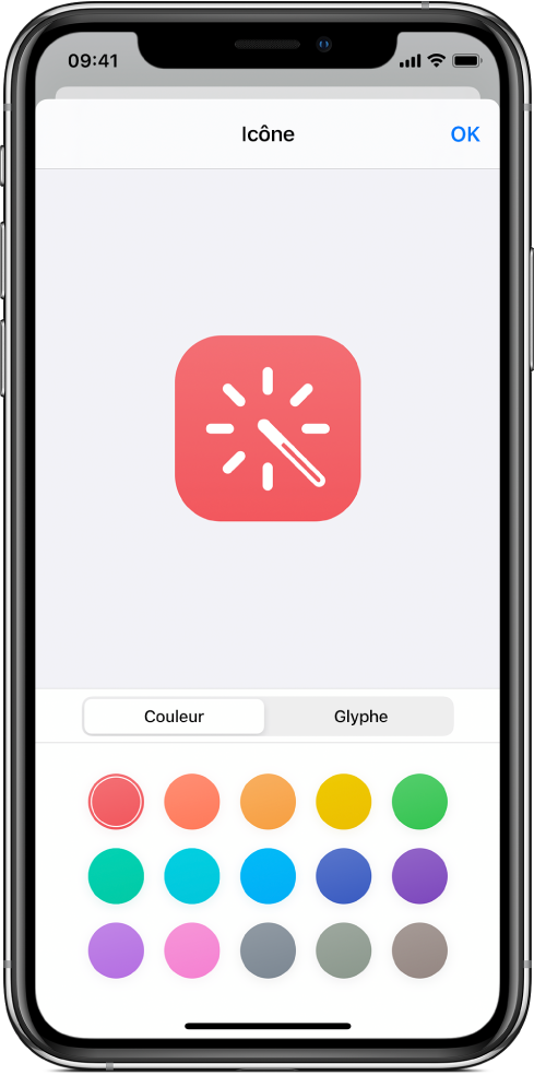 Écran Icône affichant les options de couleur du raccourci.