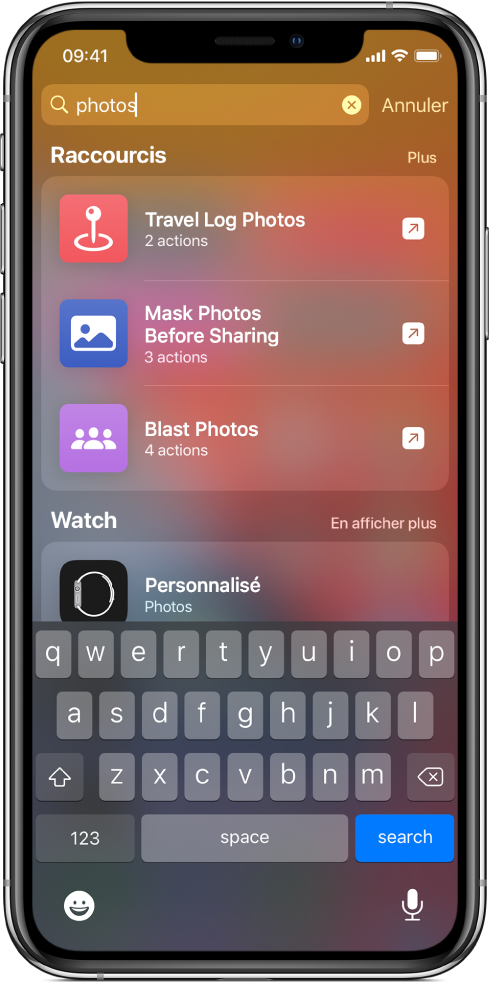 La recherche pour le mot-clé de raccourci « photos » et les résultats de la recherche : “Exécuter Envoyer des photos à maman”, “Exécuter Convertir des photos en GIF”, et “Exécuter Masquer des photos avant le partage“.