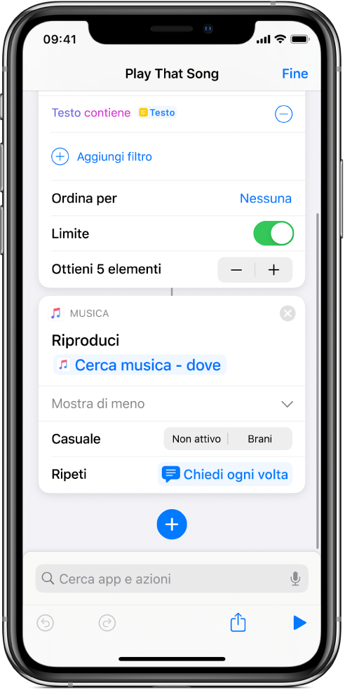 La variabile “Chiedi sempre” sostituisce i parametri di ripetizione nell'azione “Riproduci musica” nell'editor di comandi rapidi.