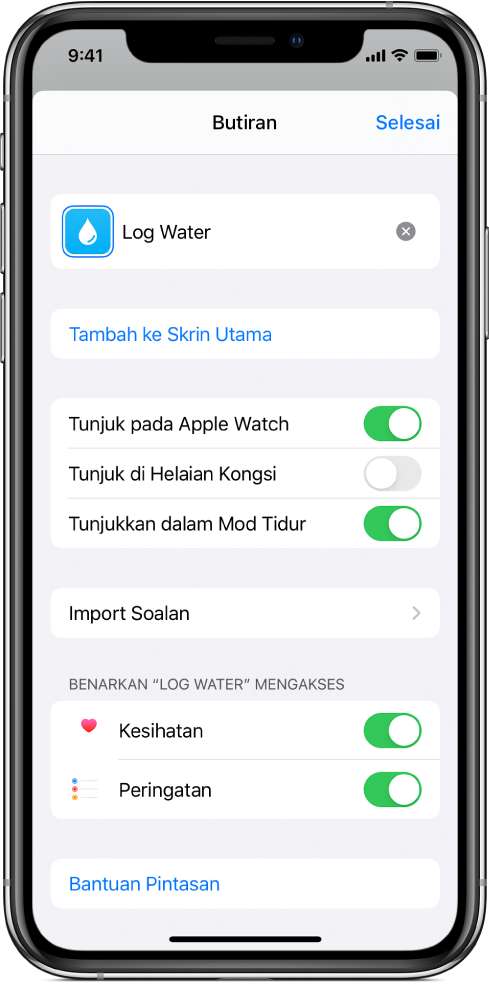 Skrin butiran dalam app Pintasan.