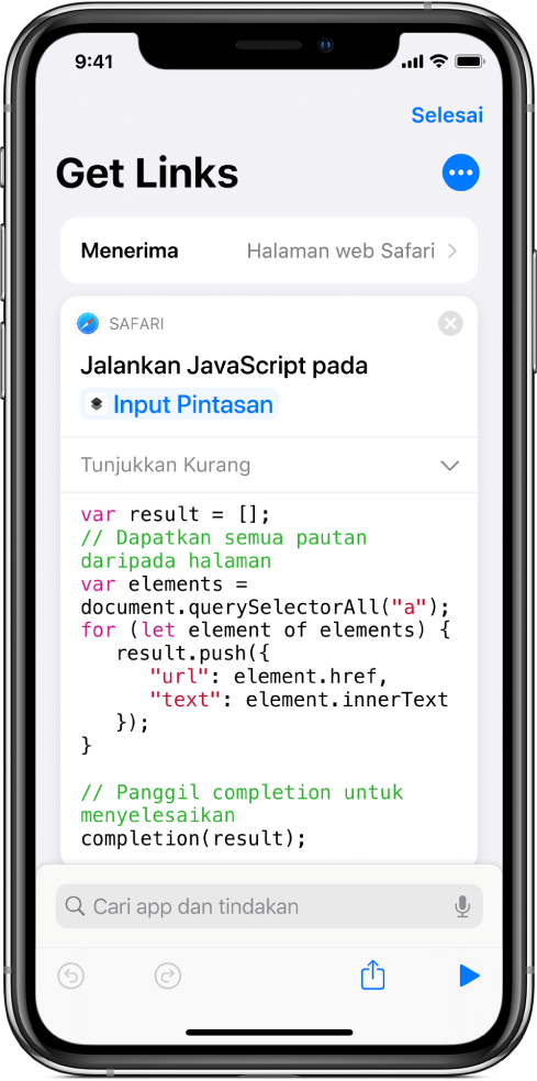 Tindakan Jalankan JavaScript pada Halaman Web dalam editor pintasan.