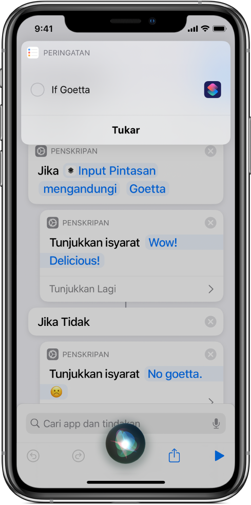 Skrin Siri menunjukkan penambahan pintasan ke peringatan anda.