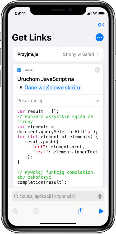 Czynność Uruchom JavaScript na stronie www w edytorze skrótów.