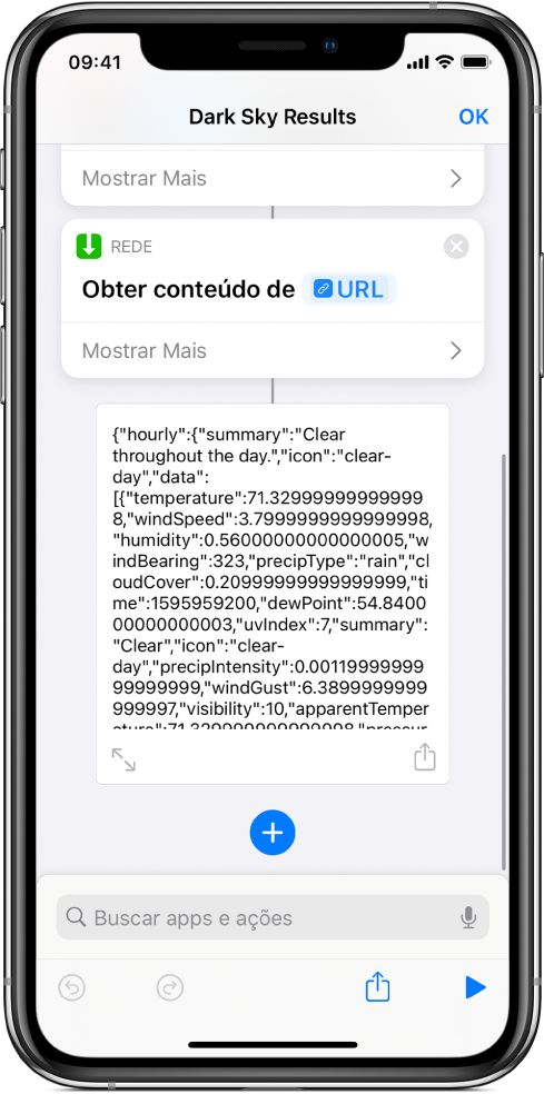 Resultados do atalho de solicitação de API do Dark Sky, mostrando a previsão do tempo para Alcatraz.