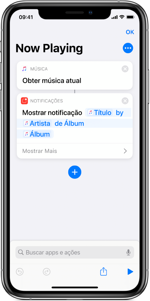 Ação Mostrar Notificação no editor de atalhos e o alerta Reproduzindo no Música, chamado pela ação Mostrar Notificação.