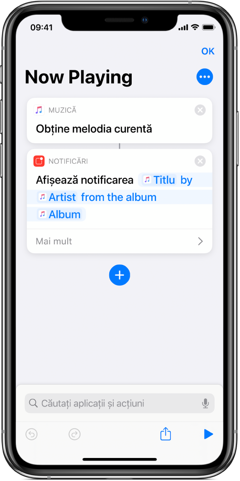 Acțiunea “Afișare notificare” în editorul de scurtături și alerta Muzică “În redare” apelată de acțiunea “Afișare notificare”.