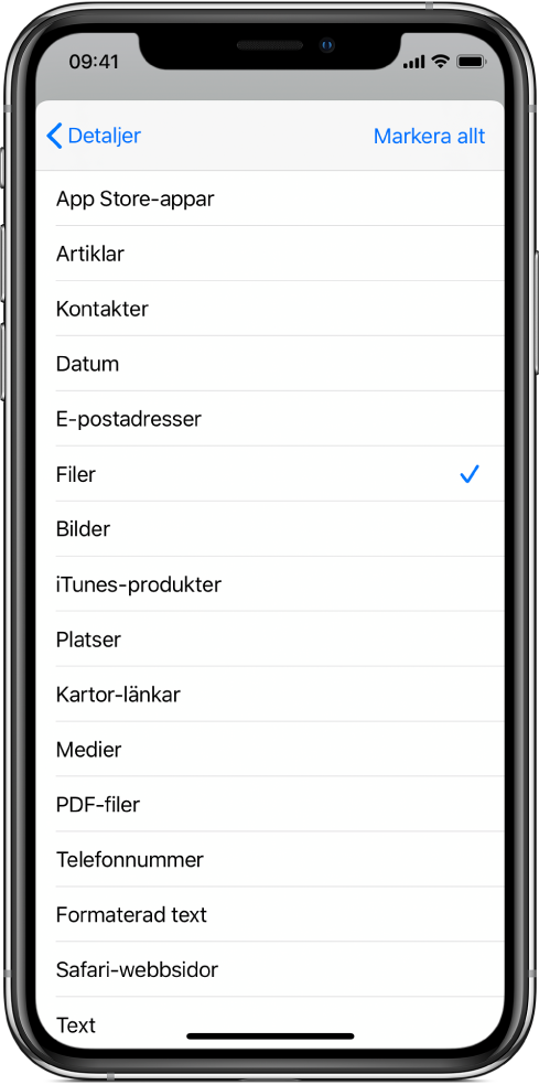 Lista över inmatningstyper med kryssrutor för att välja.