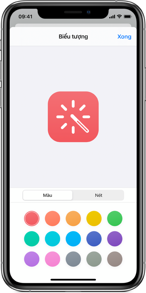 Màn hình Biểu tượng đang hiển thị các tùy chọn màu phím tắt.
