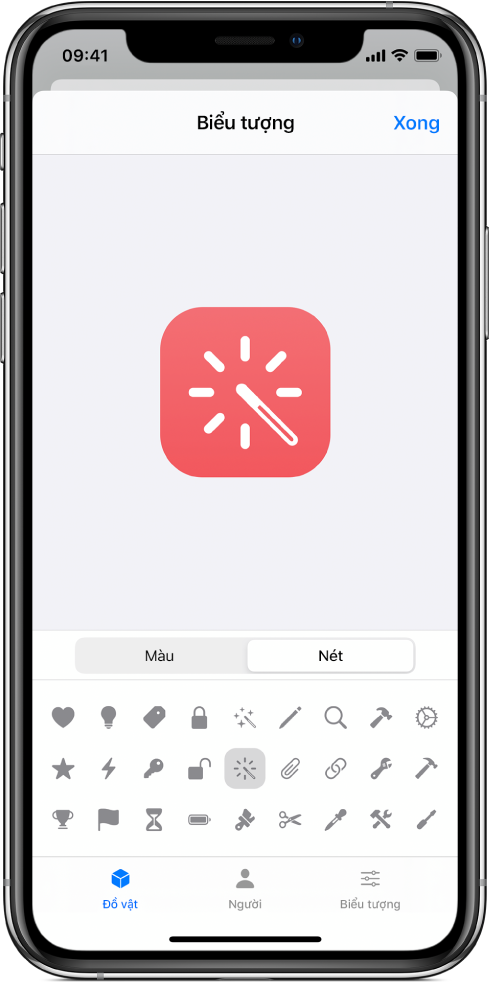 Màn hình Biểu tượng đang hiển thị các tùy chọn nét phím tắt.