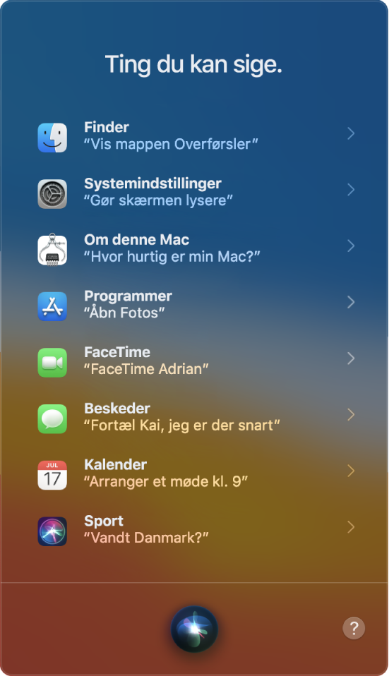 Et Siri-vindue med overskriften “Ting du kan sige” og eksempler på spørgsmål til Siri, f.eks. "Did the Giants win?"