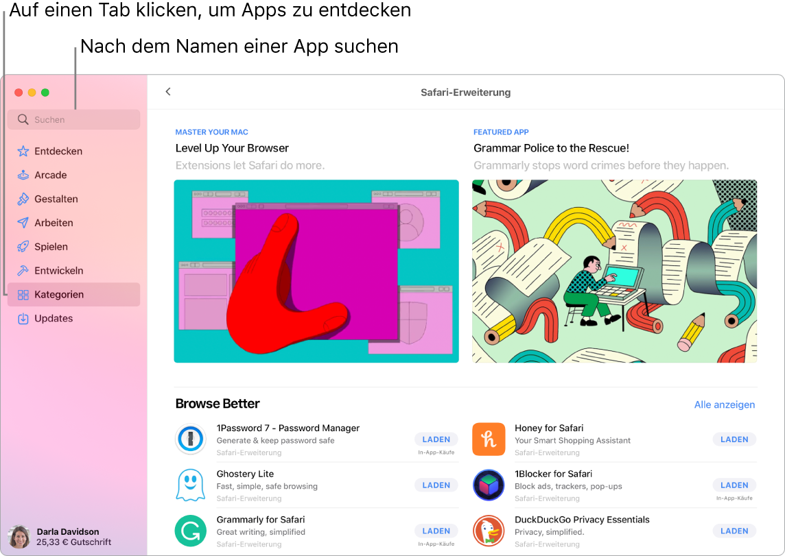 Das App Store-Fenster zeigt das Suchfeld und eine Seite mit Safari-Erweiterungen.