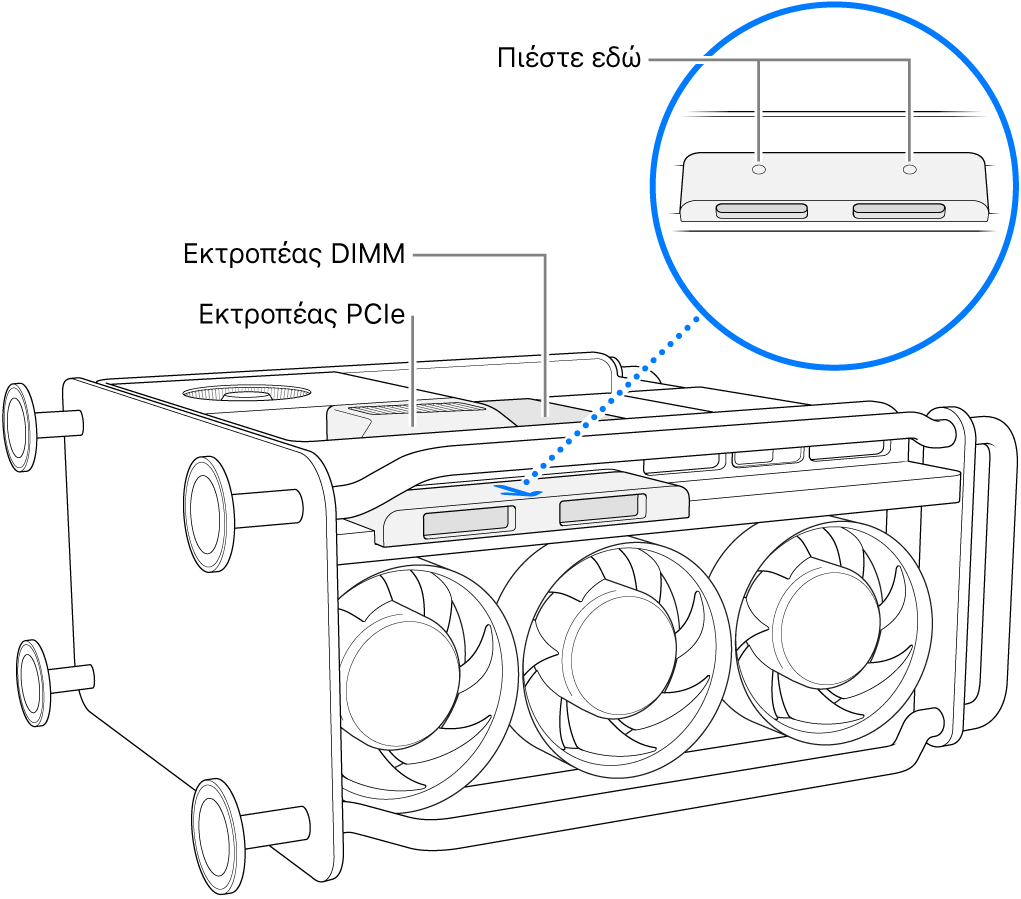 Η πλευρική όψη του Mac Pro όπου φαίνονται ο εκτροπέας DIMM, ο εκτροπέας PCIe και το κάλυμμα SSD.