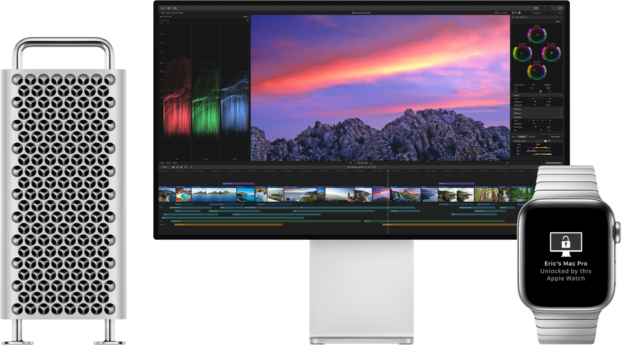 A Mac Pro and its display, next to an Apple Watch showing a message that the Mac has been unlocked by the watch.