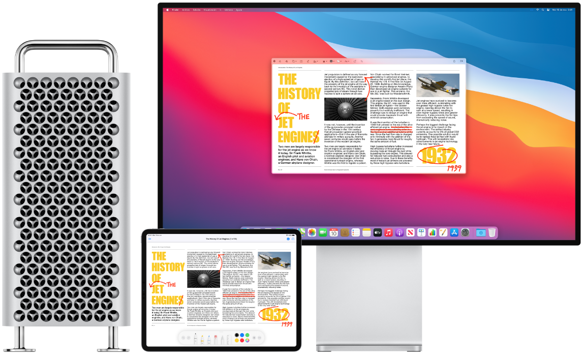 Una Mac Pro y un iPad lado a lado. Ambas pantallas muestran un artículo cubierto de ediciones rojas garabateadas, como oraciones tachadas, flechas y palabras agregadas. El iPad también tiene controles de marcado en la parte inferior de la pantalla.
