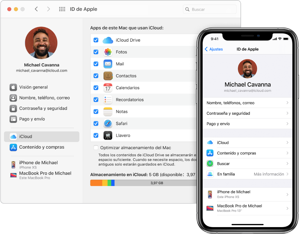 Ajustes de iCloud en un iPhone y la ventana de iCloud en el Mac.