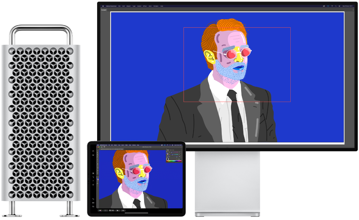Un Mac Pro al lado de un iPad. El Mac Pro muestra una ilustración dentro de la ventana de navegación de Illustrator. El iPad muestra la misma ilustración en la ventana de documentos de Illustrator, rodeada de barras de herramientas.