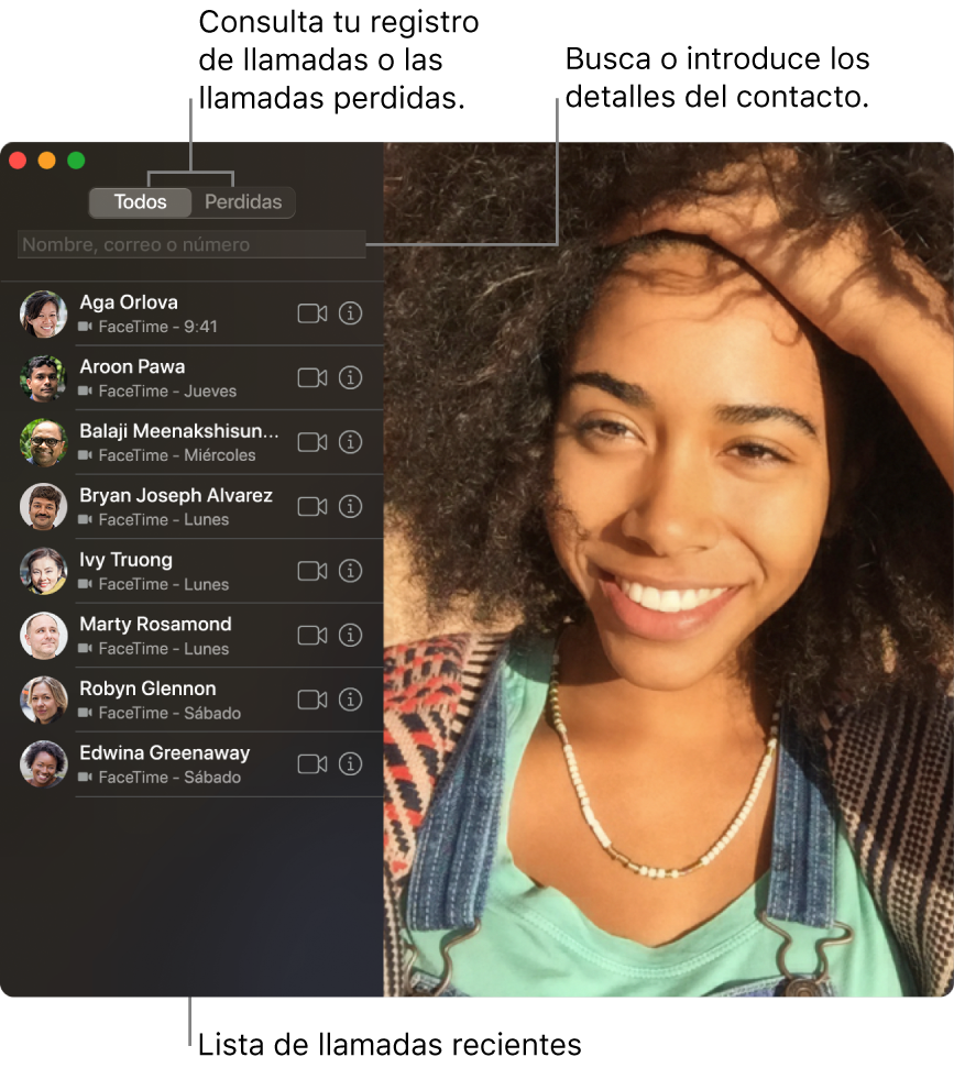 Una ventana de FaceTime donde se muestra cómo realizar una llamada de audio o vídeo, cómo utilizar el campo de búsqueda para introducir o buscar detalles de contacto y cómo ver la lista de llamadas recientes.