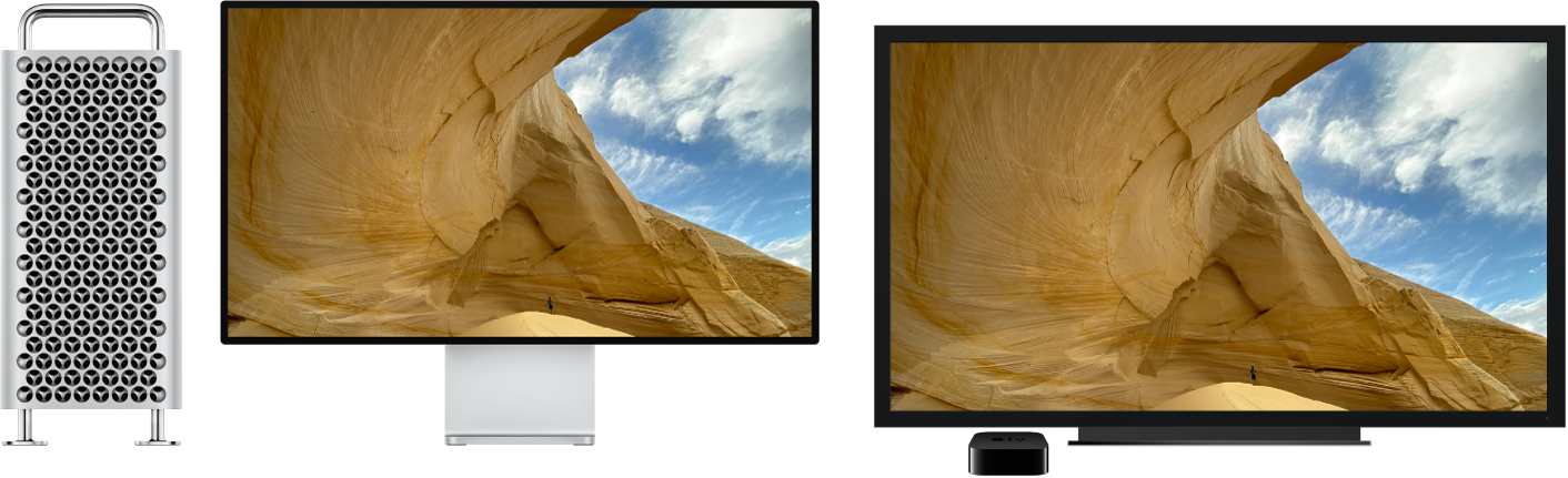 Mac Pro, jonka sisältö on peilattu suurelle HDTV:lle Apple TV:n avulla.