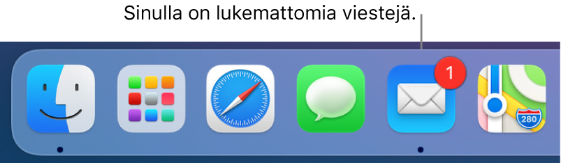 Osio Dockista, jossa näkyy Mail-apin kuvake ja lukemattomista viesteistä kertova merkki.