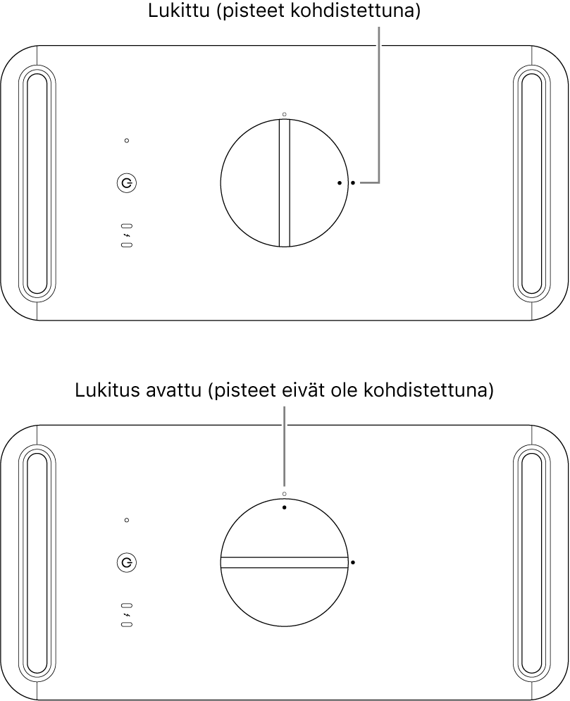 Tietokoneen kotelon yläosa, jossa näkyy salpa avatussa ja lukitussa asennossa.