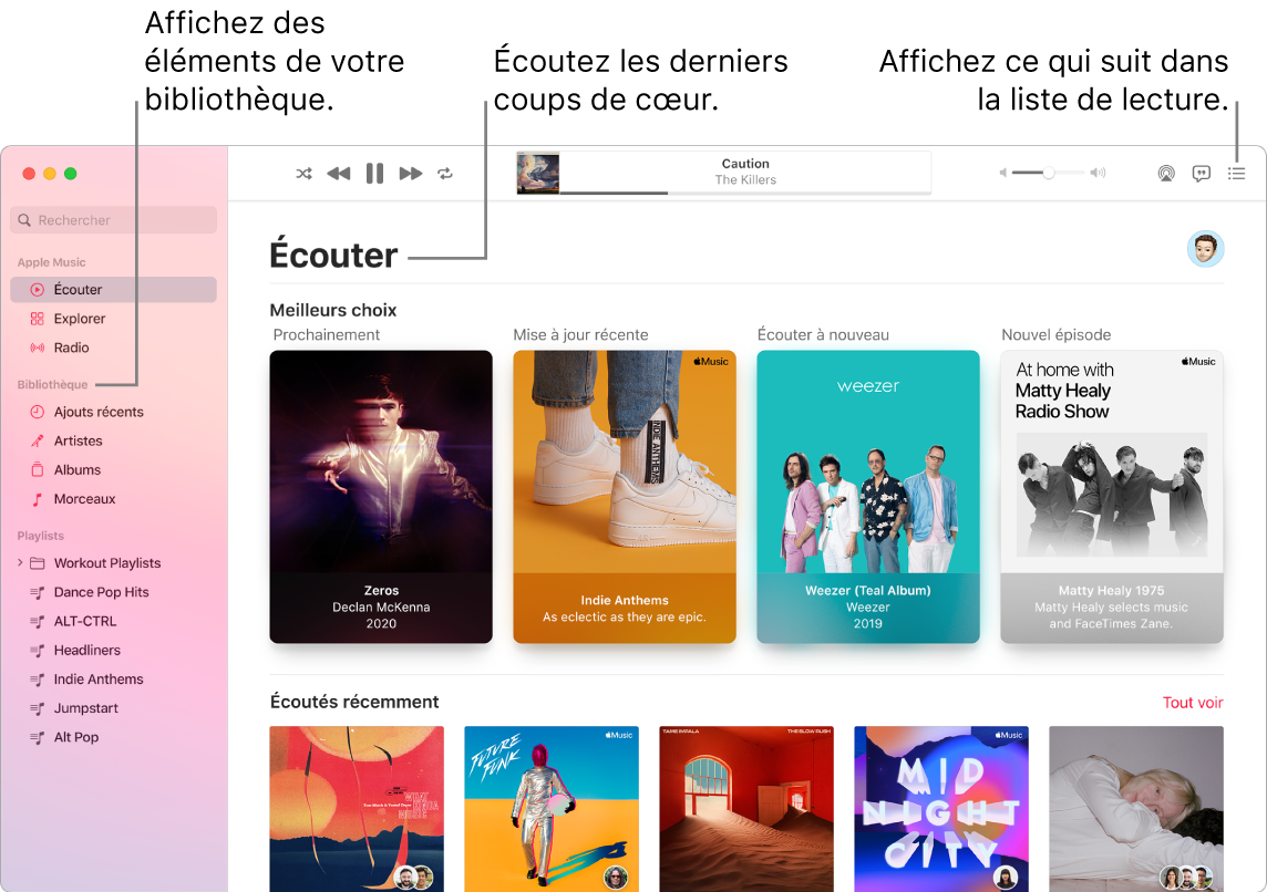 La fenêtre de l’app Musique indiquant comment afficher votre bibliothèque, écouter Apple Music et voir le prochain morceau.