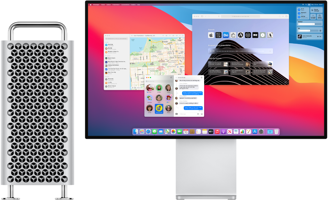 Un Mac Pro connecté à un Pro Display XDR, avec l’ordinateur affichant le centre de contrôle et plusieurs apps ouvertes.