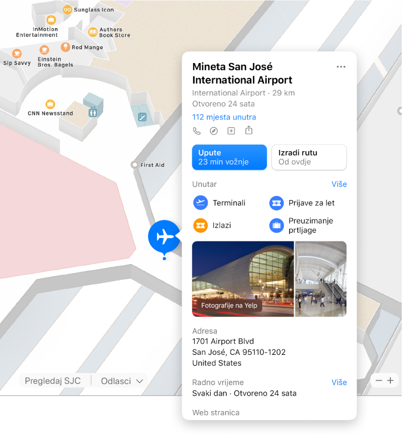 Karta unutrašnjosti zračne luke s informacijama o zračnoj luci, uključujući upute, restorane, trgovine i ostalo.
