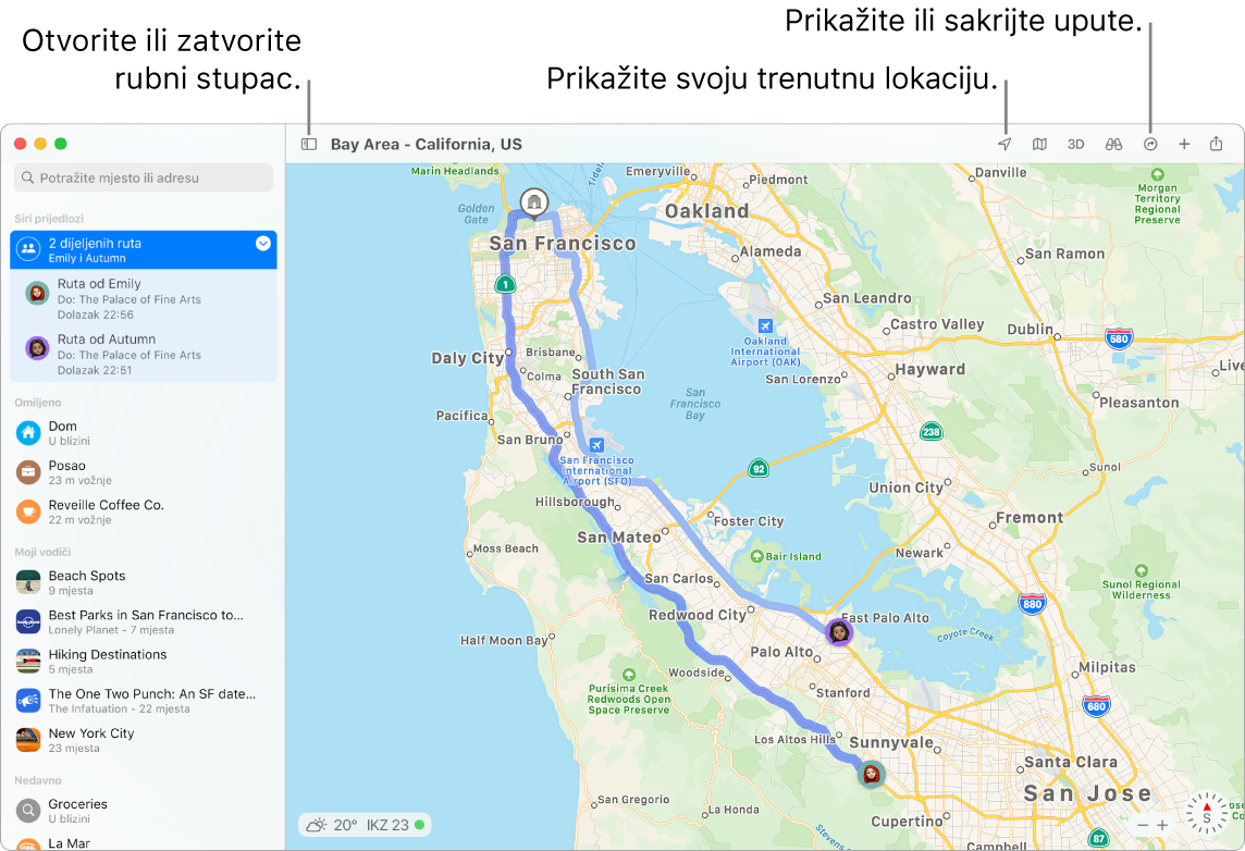 Prozor aplikacije Karte prikazuje kako doći do uputa klikom destinacije u rubnom stupcu, načina otvaranja ili zatvaranja rubnog stupca i načina pronalaska trenutačne lokacije na karti.