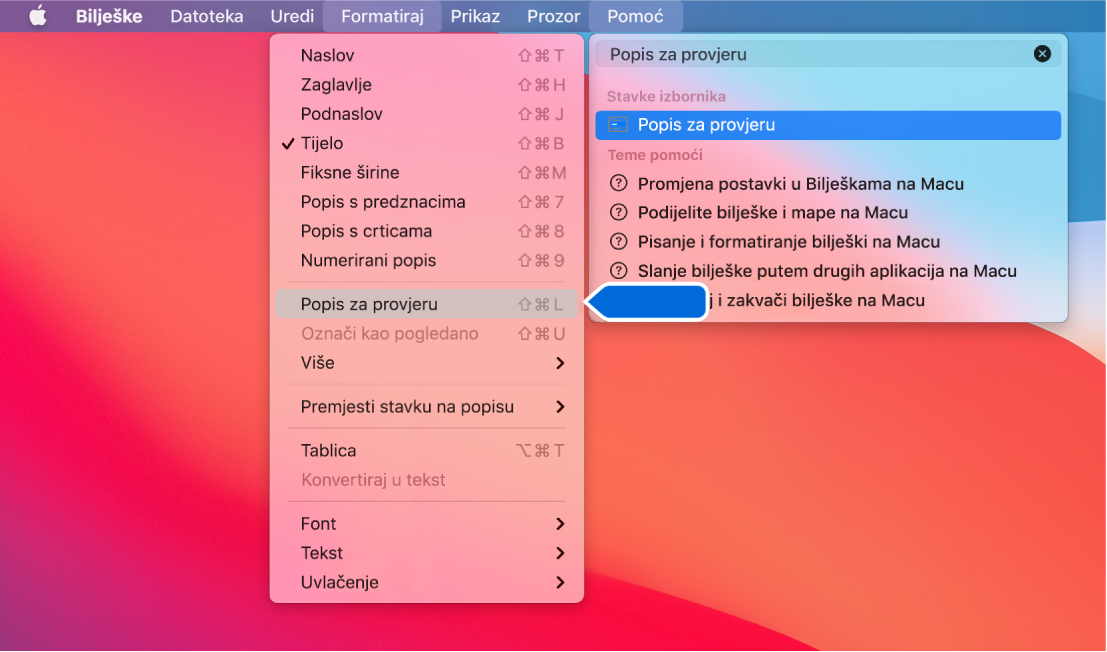 Izbornik Pomoć s prikazom rezultata pretraživanja za “popis” s naredbom Popis s predznacima istaknutom u popisu rezultata i u izborniku Format.