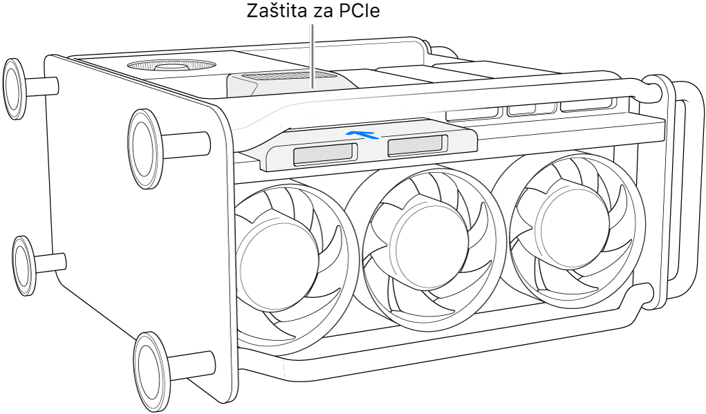 Mac Pro na svojoj strani s prikazom pregrade kartice PCIe i pokrova SSD-a.