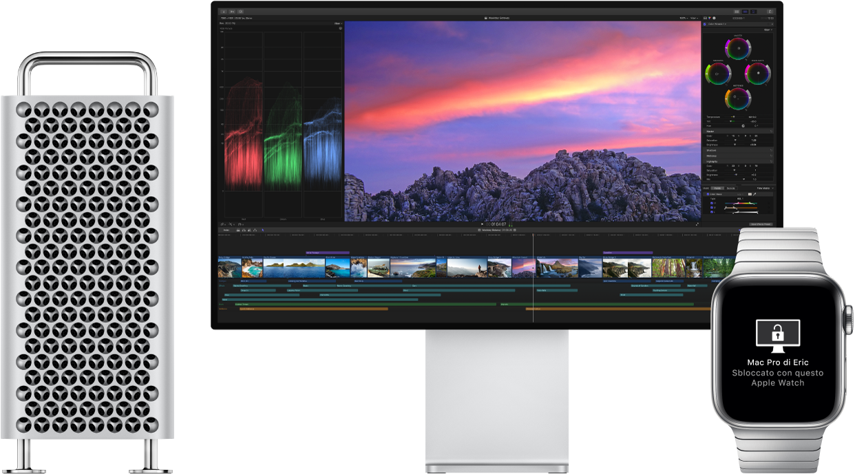 Mac Pro e il relativo monitor, accanto a un Apple Watch che mostra un messaggio che comunica che il Mac è stato sbloccato dall'orologio.