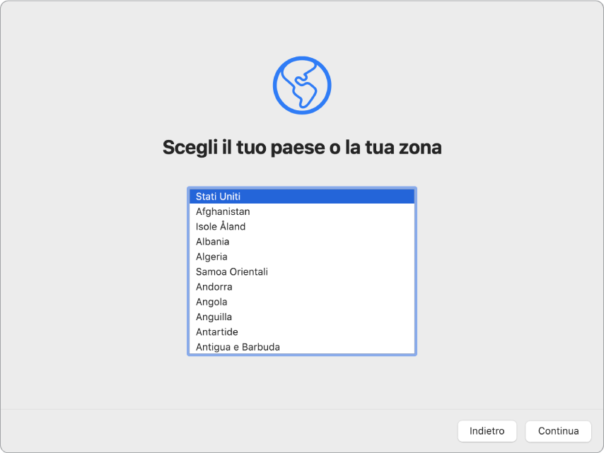 Lo schermo di un Mac con la schermata di benvenuto di Impostazione Assistita.