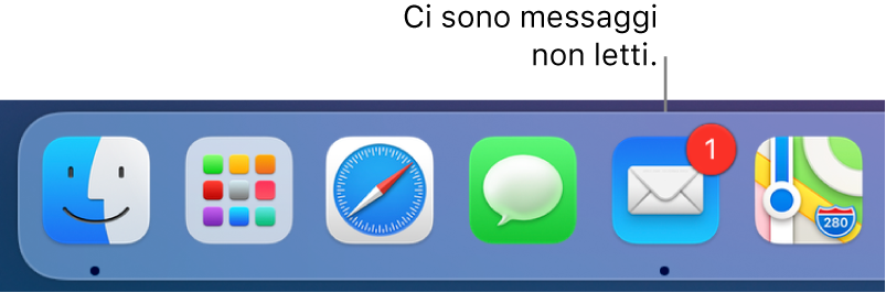 Sezione del Dock in cui è visualizzata l’icona dell'app Mail con un badge che indica i messaggi non letti.