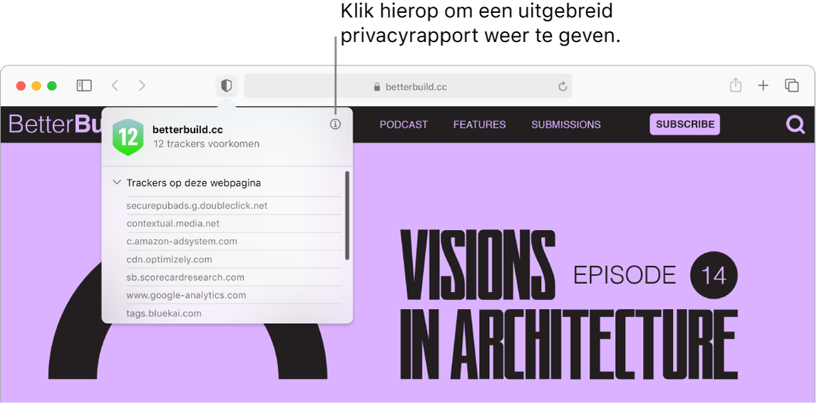 Een Safari-venster met websitevoorkeuren, waaronder 'Gebruik Reader indien beschikbaar', 'Schakel materiaalblokkeringen in', 'Zoomniveau', 'Automatisch afspelen' en 'Pop-upvenster'.