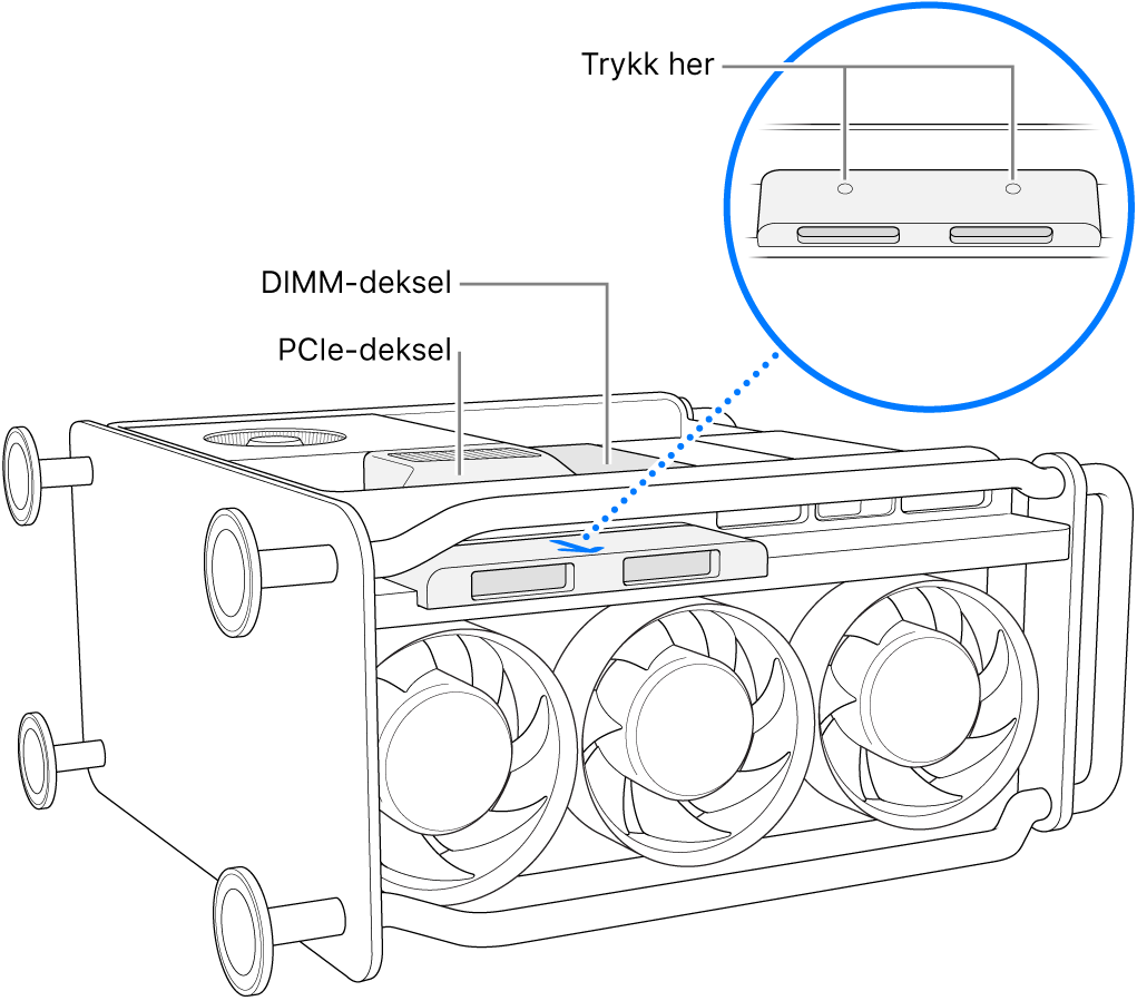 Mac Pro lagt på siden. DIMM-, PCIe- og SSD-dekslet vises.