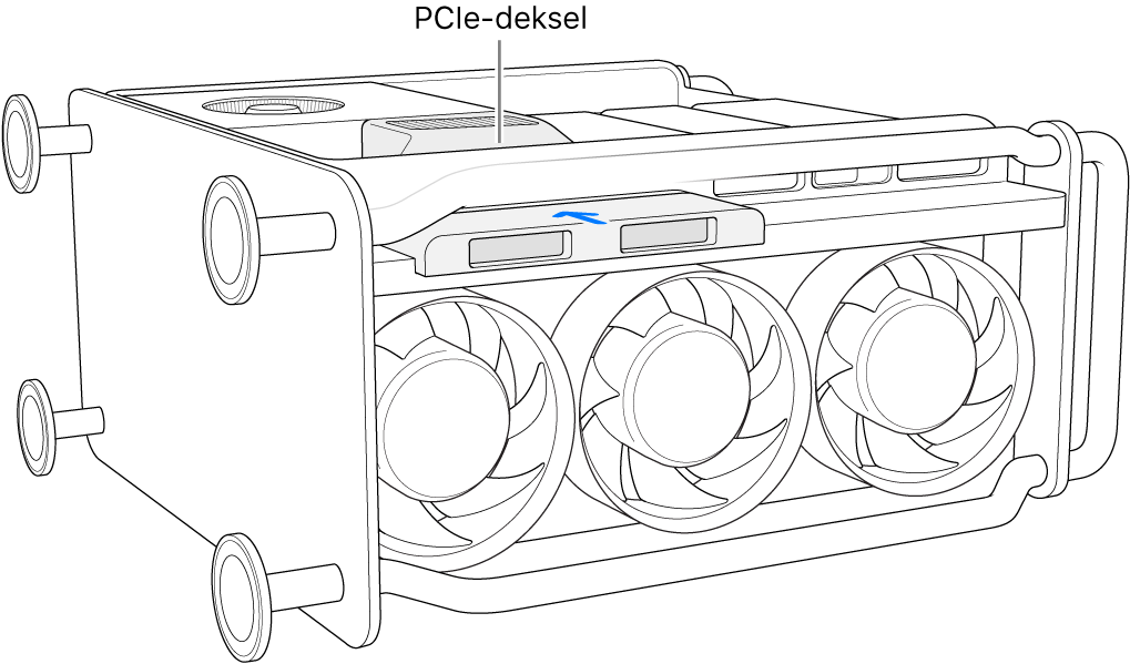 Mac Pro lagt på siden. PCIe- og SSD-dekslet vises.