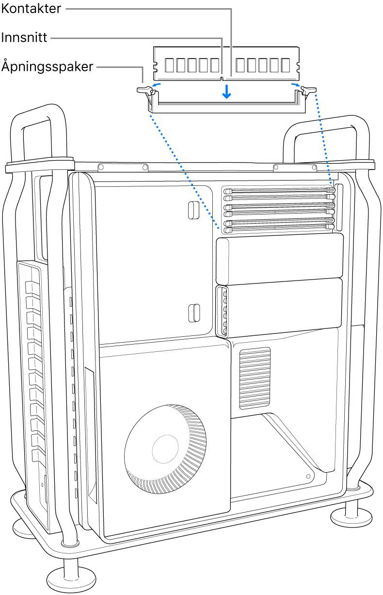 DIMM-modulen som installeres når låsene på utmatingsspakene klikker på plass.